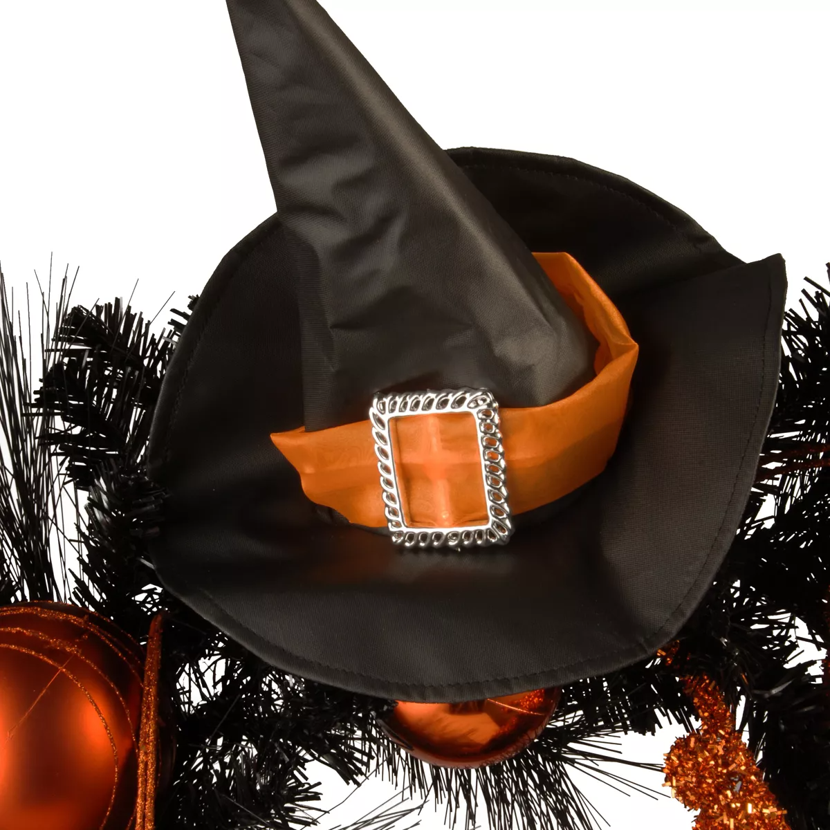 Artificial Witch's Wreath, Decorated with Black and Orange Trim, Ball Ornaments, Halloween Collection, 24 inches-labpiecesign
