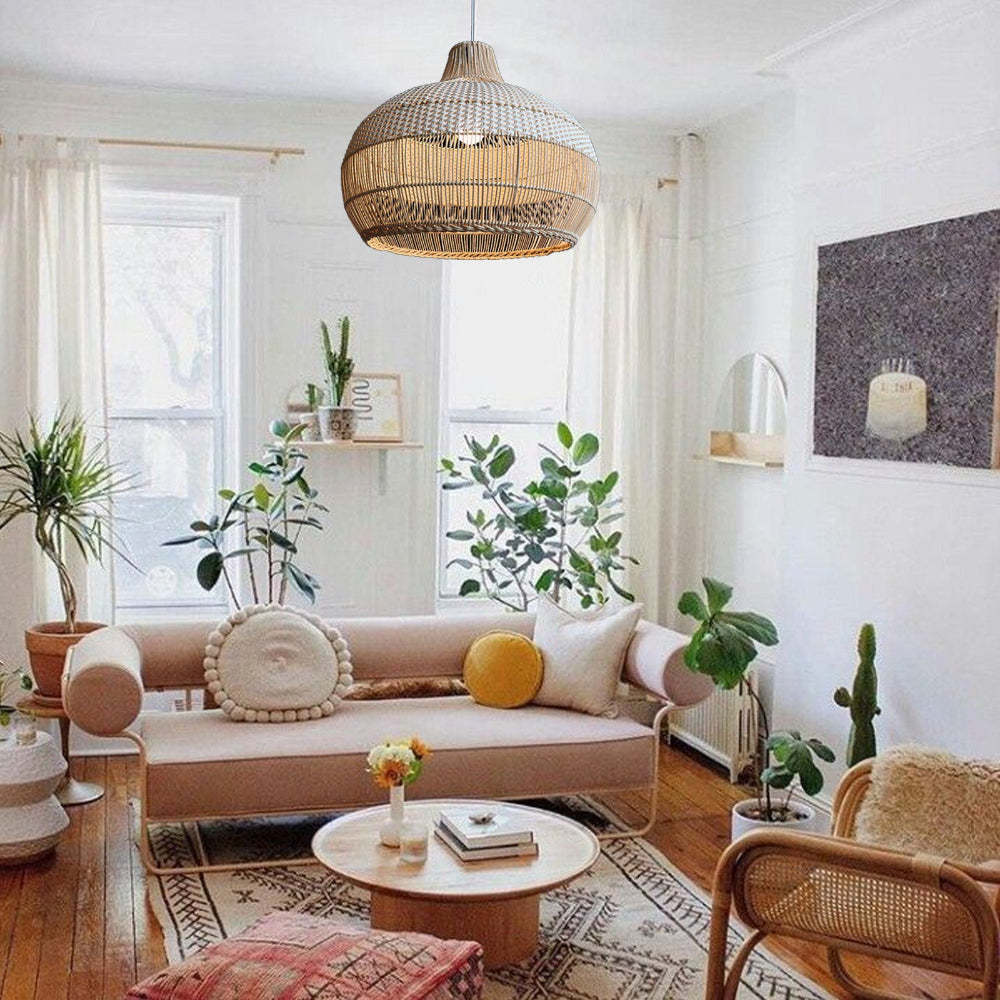 Handwoven Rattan Kitchen Island White Pendant Lighting Wicker Lamp Shade-labpiecesign