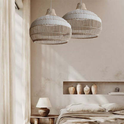 Handwoven Rattan Kitchen Island White Pendant Lighting Wicker Lamp Shade-labpiecesign
