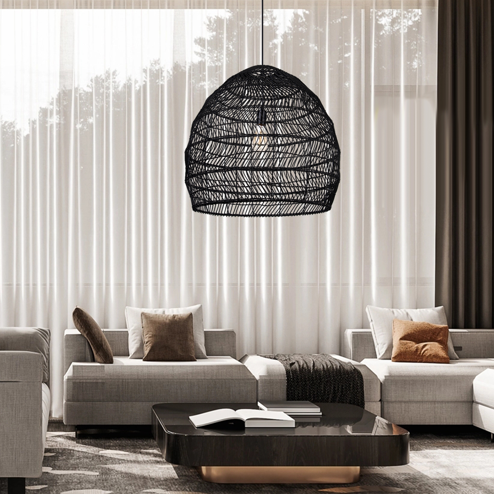 Natural Basket Rattan Woven Pendant Light Boho Design Hanging Lamp