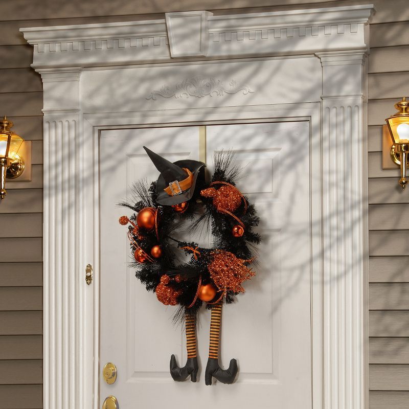 Artificial Witch's Wreath, Decorated with Black and Orange Trim, Ball Ornaments, Halloween Collection, 24 inches