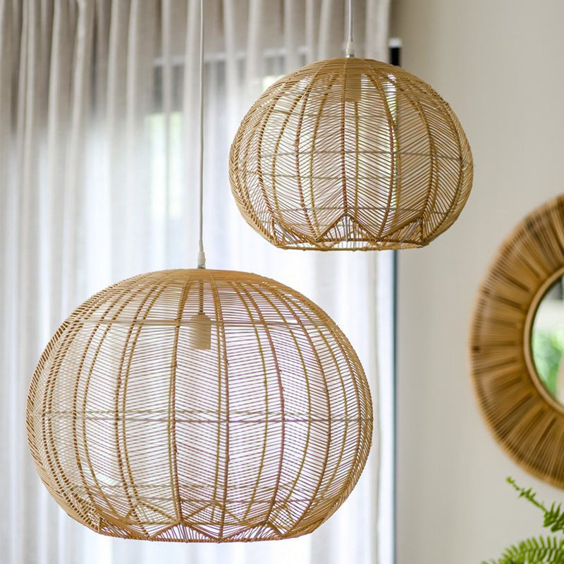 Boho Round Rattan Pendant Light Japanese-style Woven Wicker Lampshade 