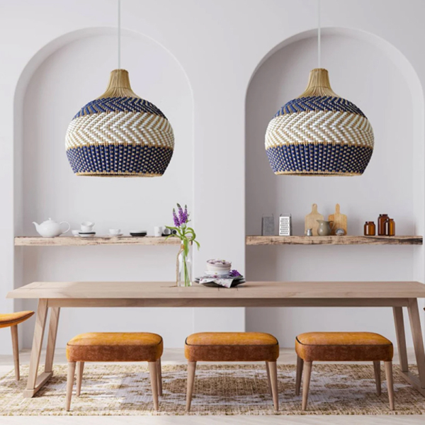 Boho Handmade Blue & White Unique Round Rattan Pendant Light for Dining ...
