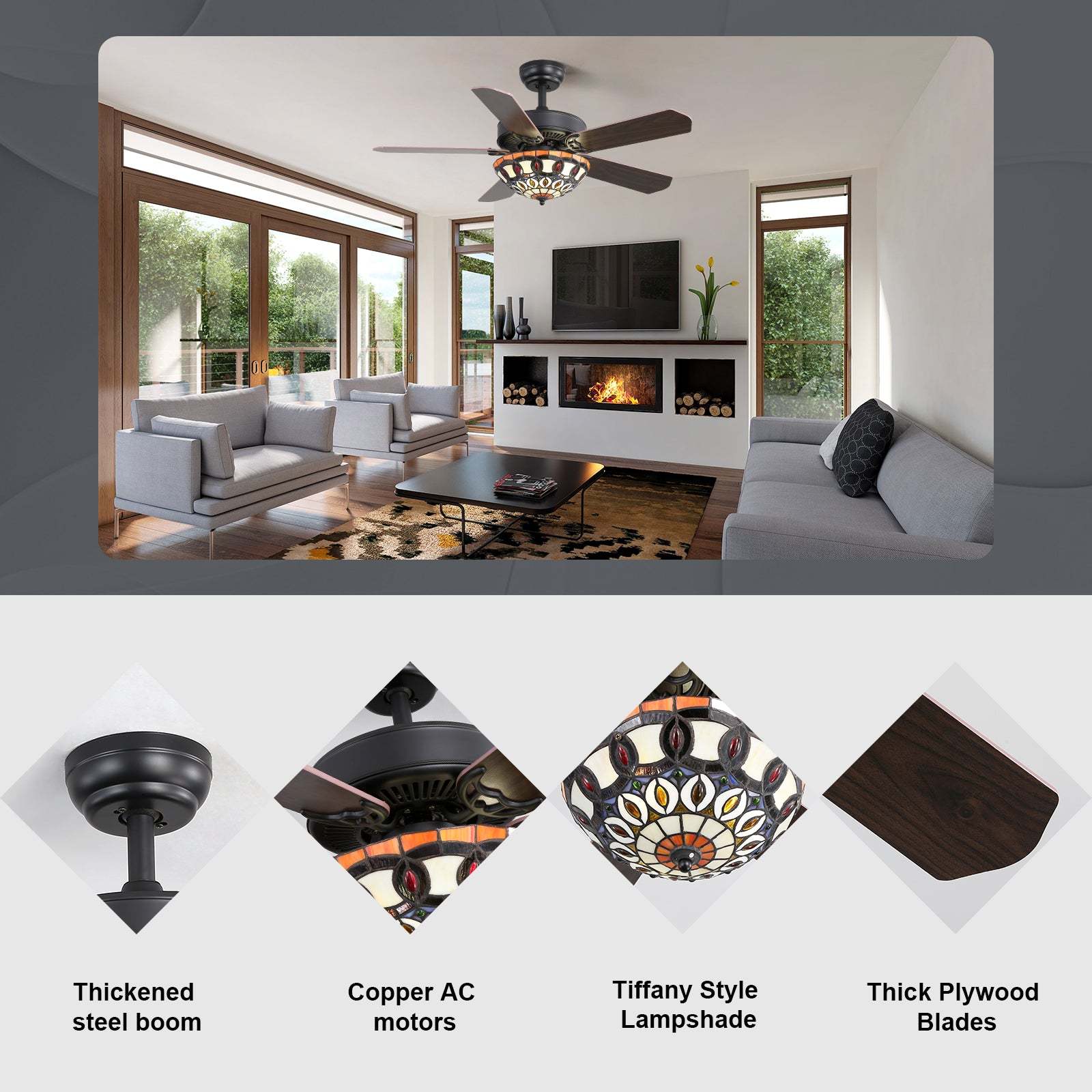 52 Inch 5 Blade Glass Shade Ceiling Fan With AC Motor