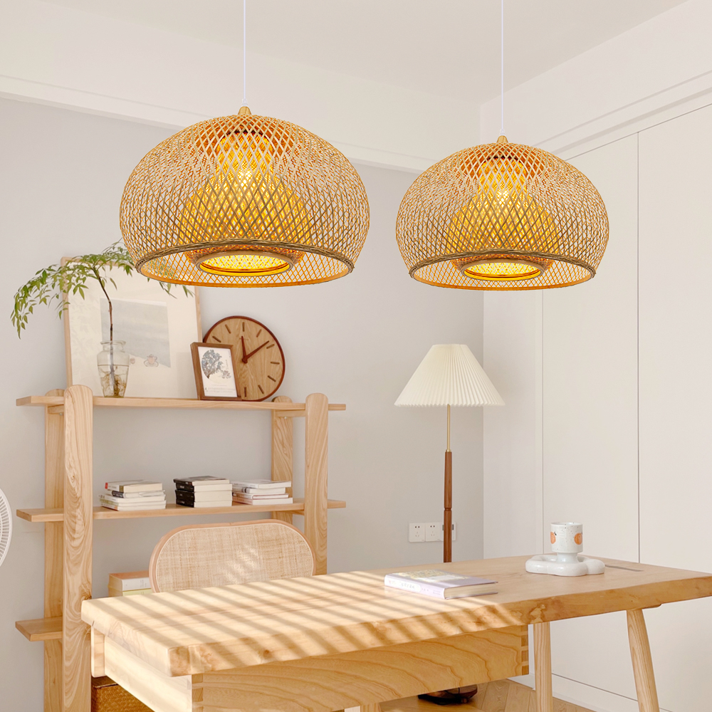 Bamboo Drum Hanging Ceiling Lights Woven Chandelier Lamp Shades