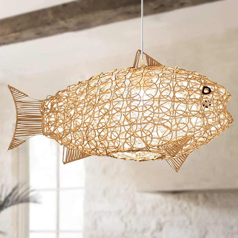 24inch Fish-Shaped Lantern Pendant Lighting Rattan Chandelier for Dining Room Living Room Restaurant