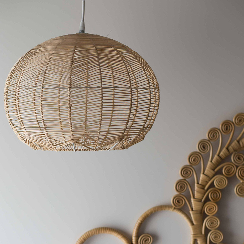 Boho Round Rattan Pendant Light Japanese-style Woven Wicker Lampshade Light Fixture