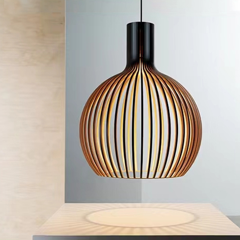 Janpanese Nordic Wooden Birdcage Creative Wooden Pendant Lighting Fixture