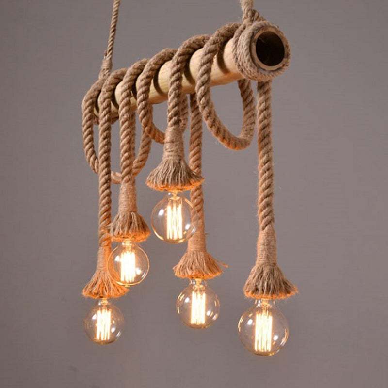 Industrial Vintage Island Pendant Light with Rope Wood Decoration-labpiecesign