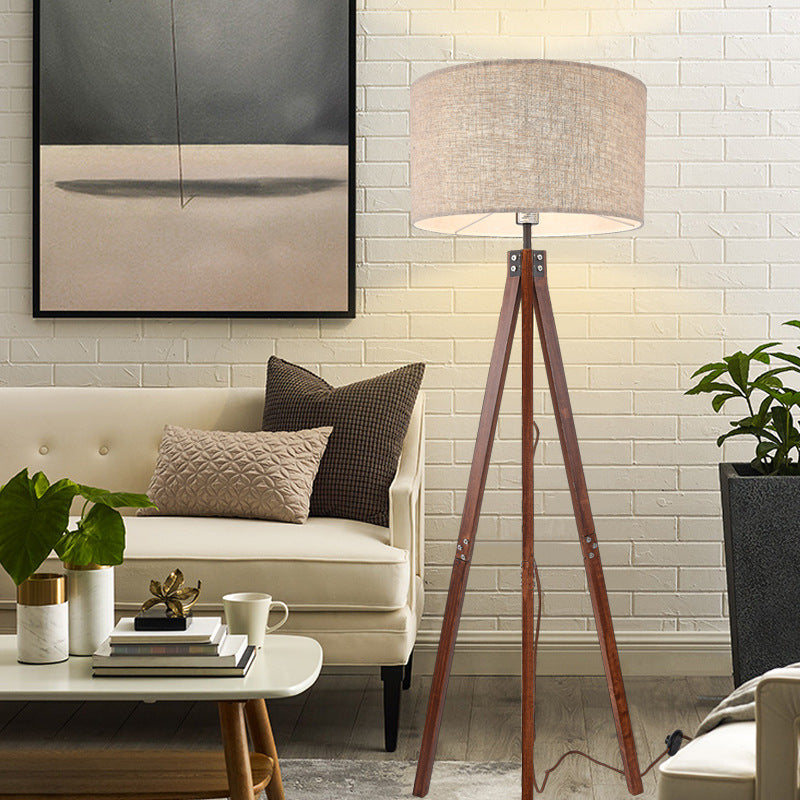 Nordic Wood LED Floor Lamp Natural Fabric Warm Lighting