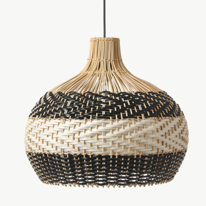 Black White Stripes Rattan Pendant Shade Hardwired Light Fixture-labpiecesign