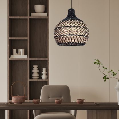 Minimalism Black and Neutral Tone Rattan Ceiling Light Fixture Woven Pendant Lampshade-labpiecesign