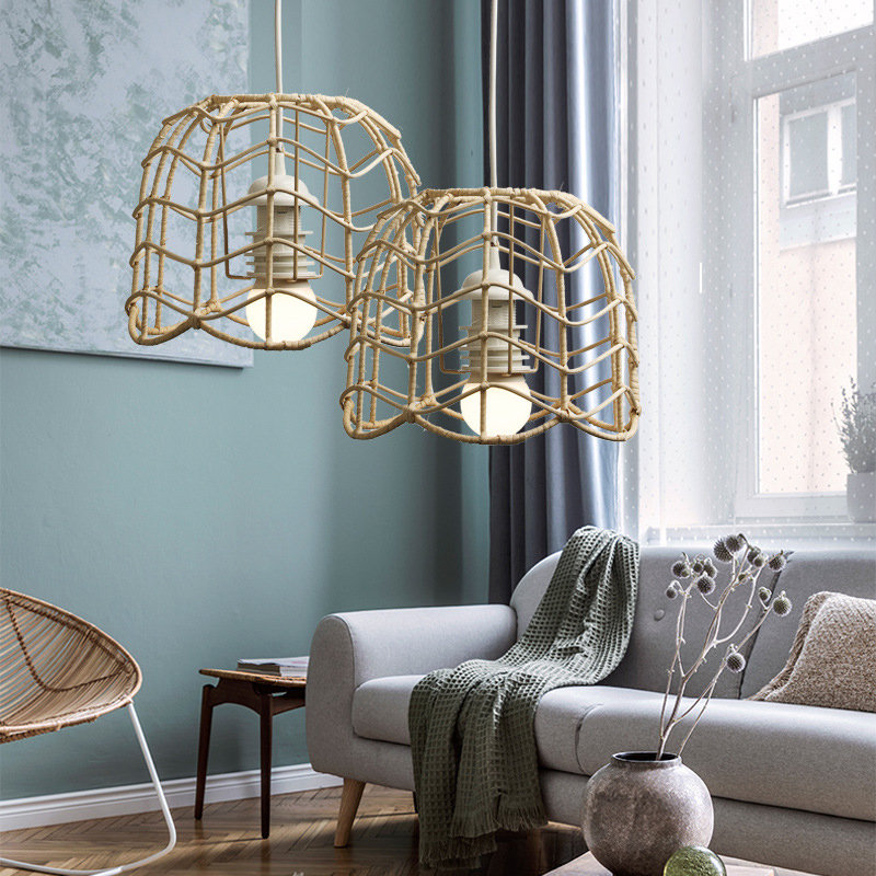 Nordic style chandelier creative hemp rope pastoral dining room rattan weave simple lampshade 