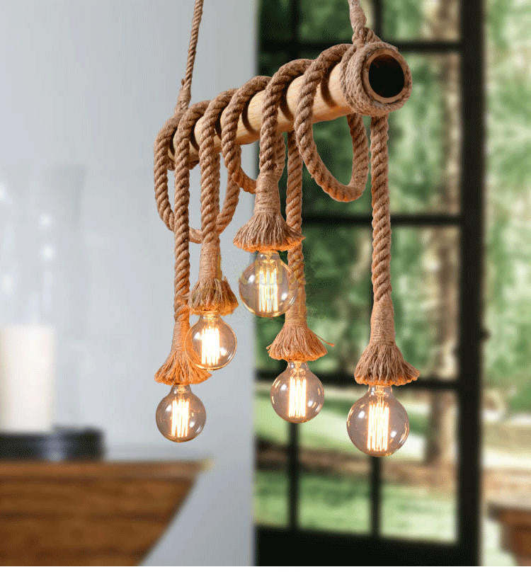 Industrial Vintage Island Pendant Light with Rope Wood Decoration-labpiecesign