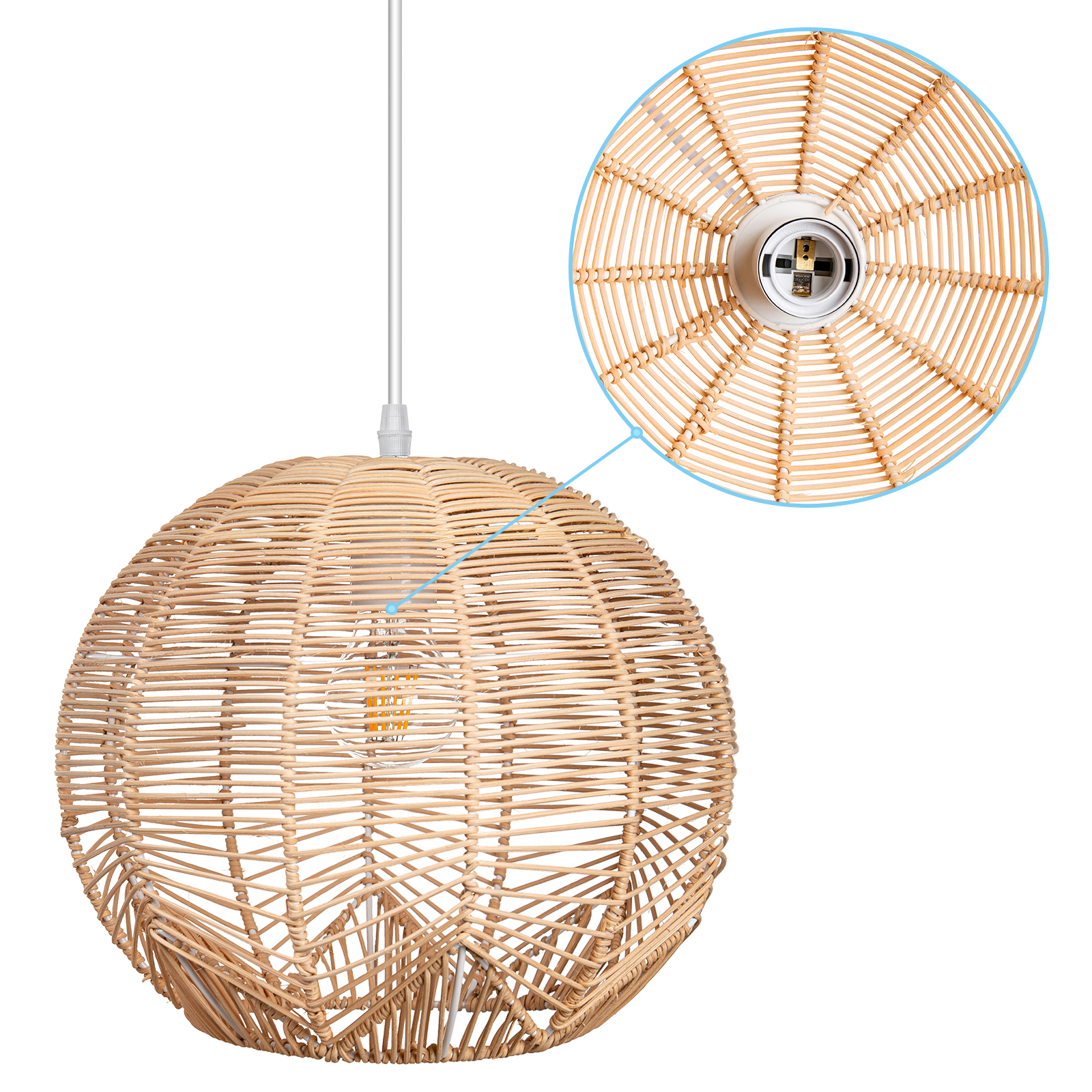 Boho Round Rattan Pendant Light Japanese-style Woven Wicker Lampshade Light Fixture