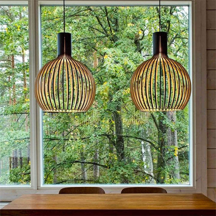 Nordic Wooden Birdcage Pendant Lighting Fixture For Dining Room