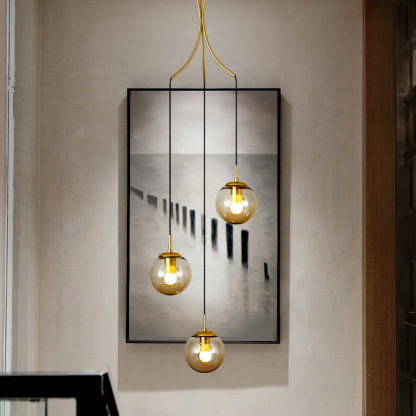 Minimalistic Glass Chandelier Bubble Spiral Staircase Ball Brass Long Pendant Light-labpiecesign