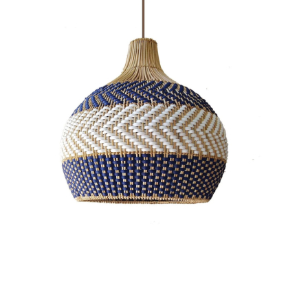 Blue Rattan Pendant Light Handmade Unique Round Lamp-labpiecesign