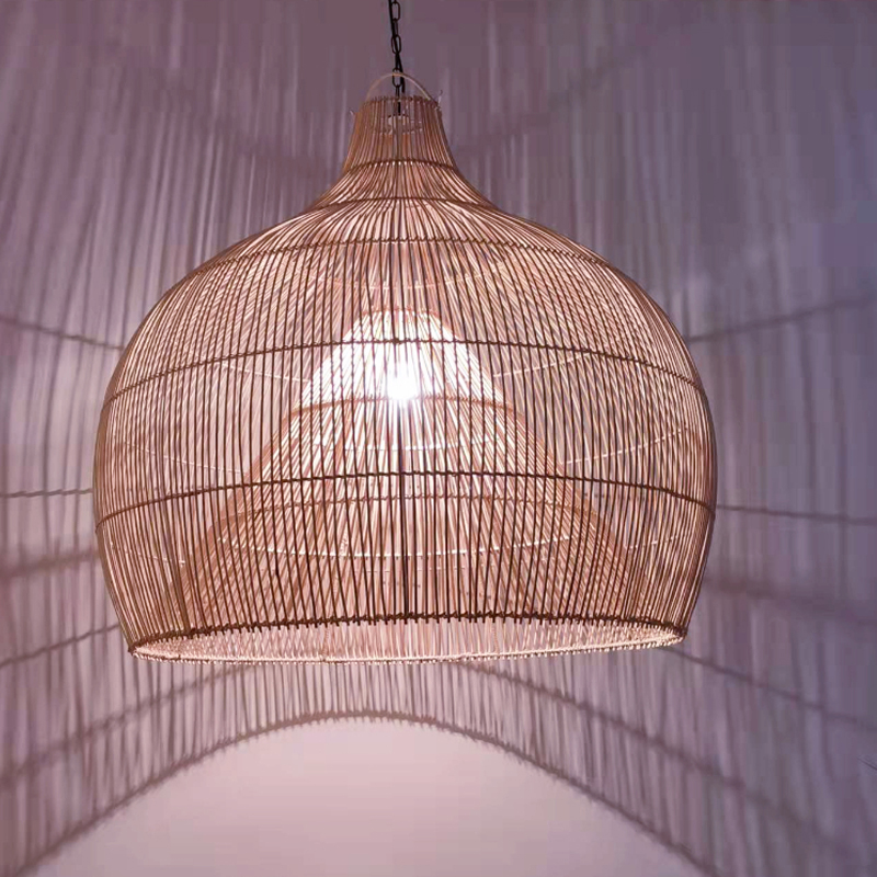 Vintage Handmade Double Layer Wicker Basket Lamp Rattan Pendant Light