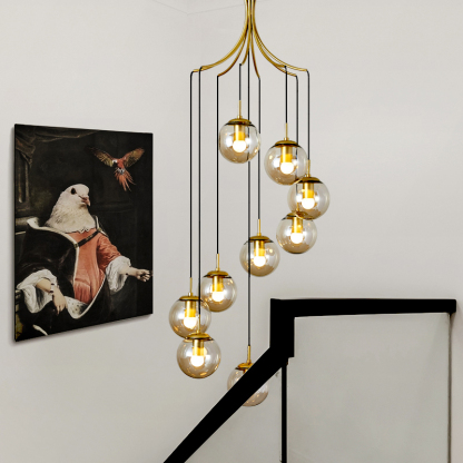 Minimalistic Glass Chandelier Bubble Spiral Staircase Ball Brass Long Pendant Light-labpiecesign