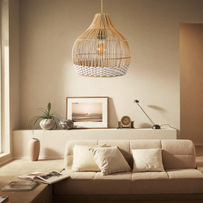 Vintage Handmade Bamboo White Thread Rattan Pendant Lamp Shade For Dining room-labpiecesign