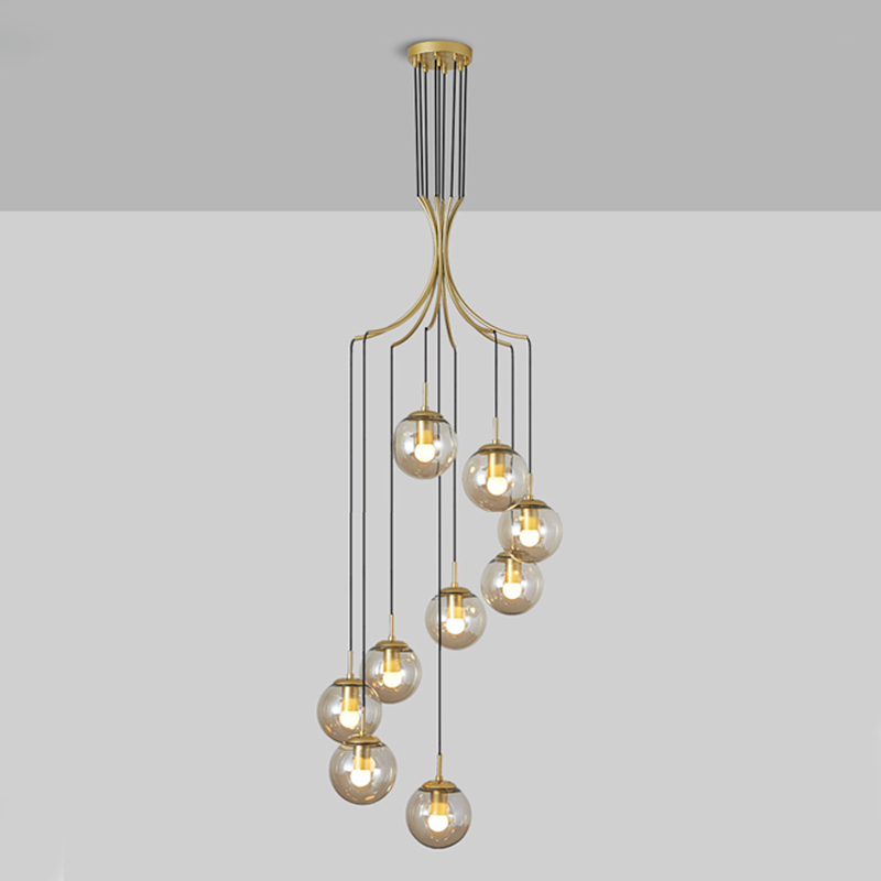 Minimalistic Glass Chandelier Bubble Spiral Staircase Ball Brass Long Pendant Light