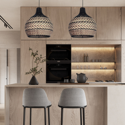 Minimalism Black and Neutral Tone Rattan Ceiling Light Fixture Woven Pendant Lampshade-labpiecesign