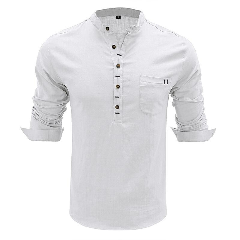Men's Cotton Linen Slub Cotton Henley Collar Long Sleeve Shirt-poisonstreetwear.com