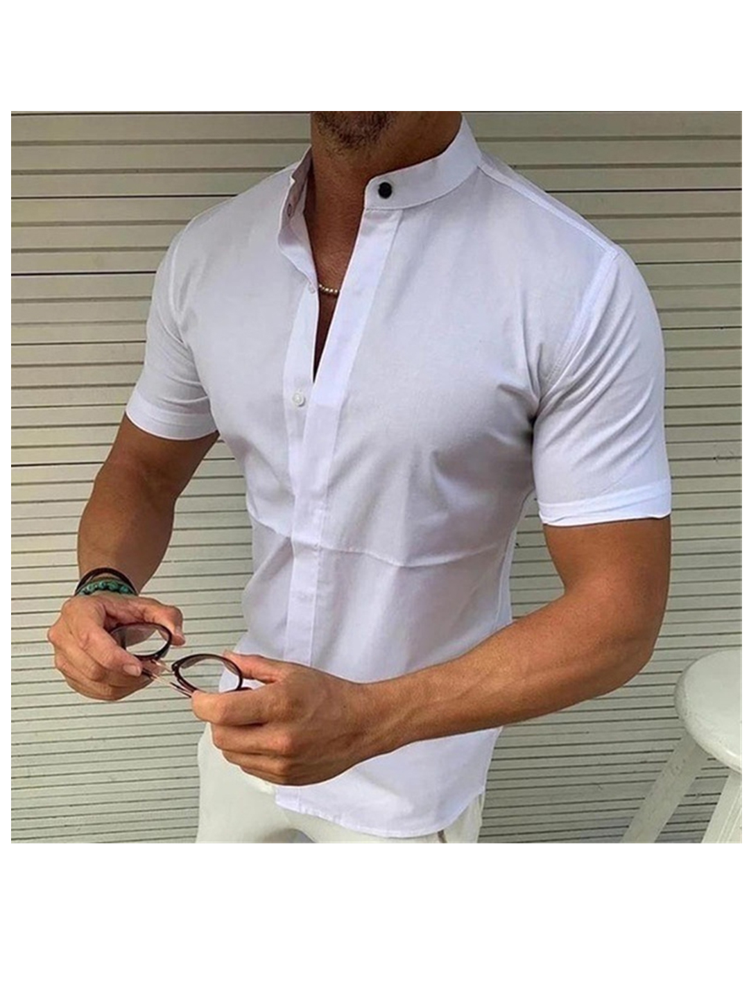 Men's Solid Color Stand Collar Casual Short Sleeve Shirt-poisonstreetwear.com