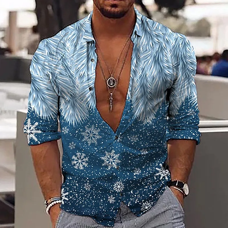 Men's Snowflake Collar Blue Long Sleeve Shirt