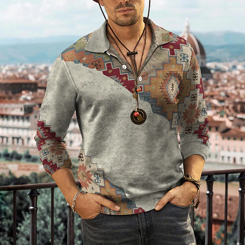 Men's 3D Ethnic Print Long Sleeve Polo T-Shirt-poisonstreetwear.com