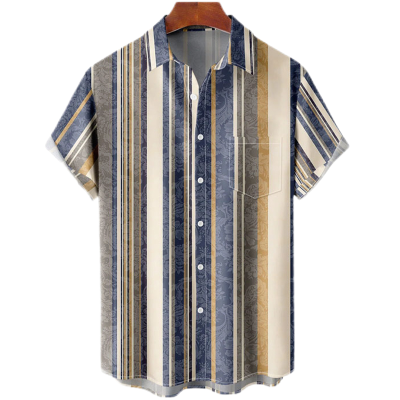 Men's Print Striped Button-Down Short Sleeve Cardigan Shirt-poisonstreetwear.com