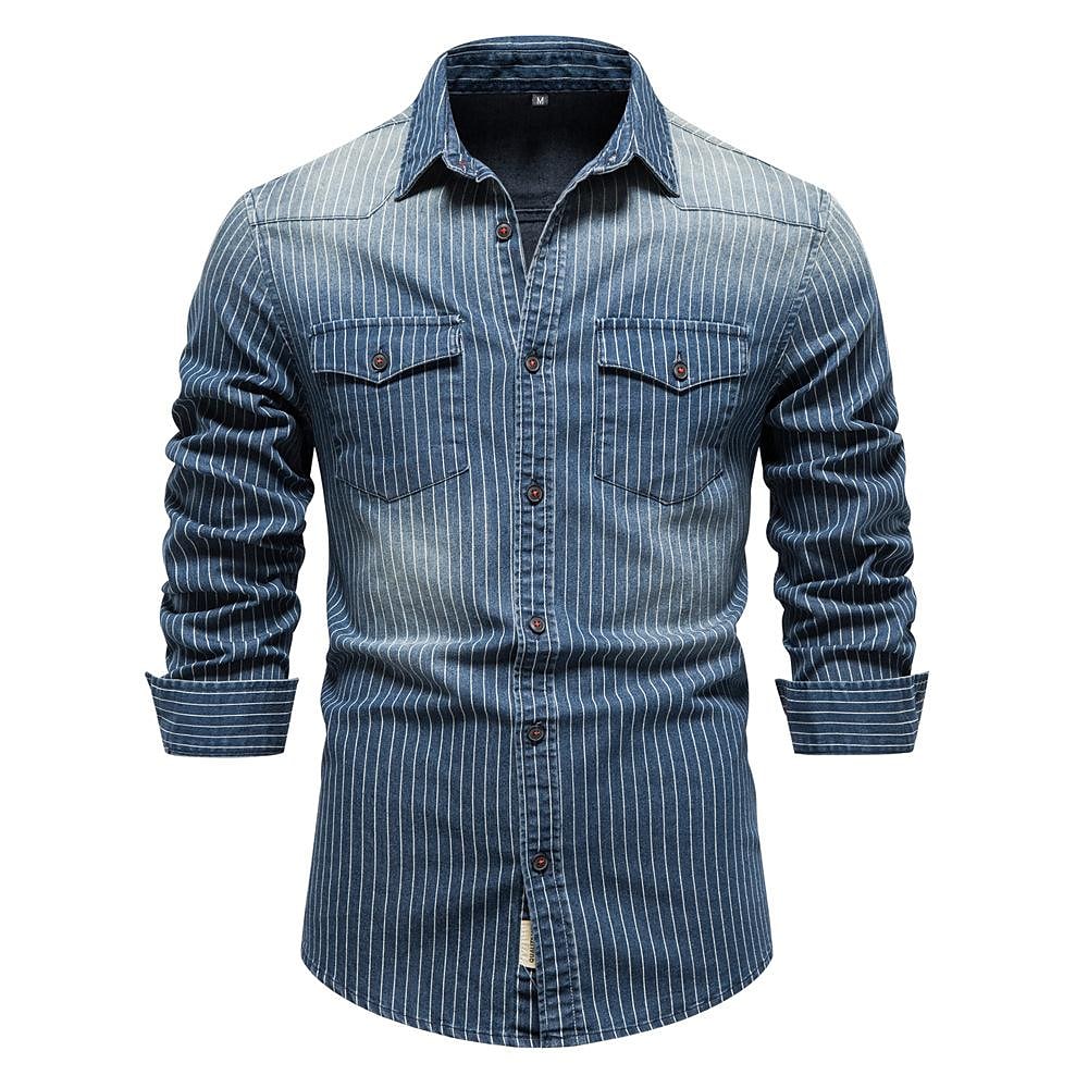 Men's Casual Non-iron Double Pocket Striped Long Sleeve Denim Shirt-poisonstreetwear.com