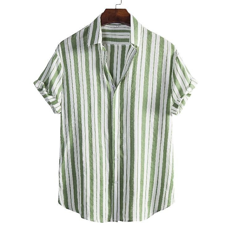 Men's Light Green Striped Print Short Sleeves Shirt-poisonstreetwear.com