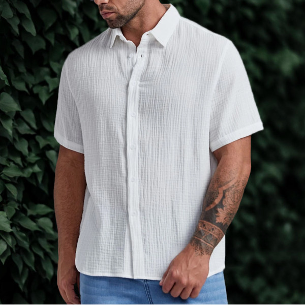 Men's Seersucker Wrinkle-Free Solid Color Casual Basic Short Sleeve Shirt-poisonstreetwear.com