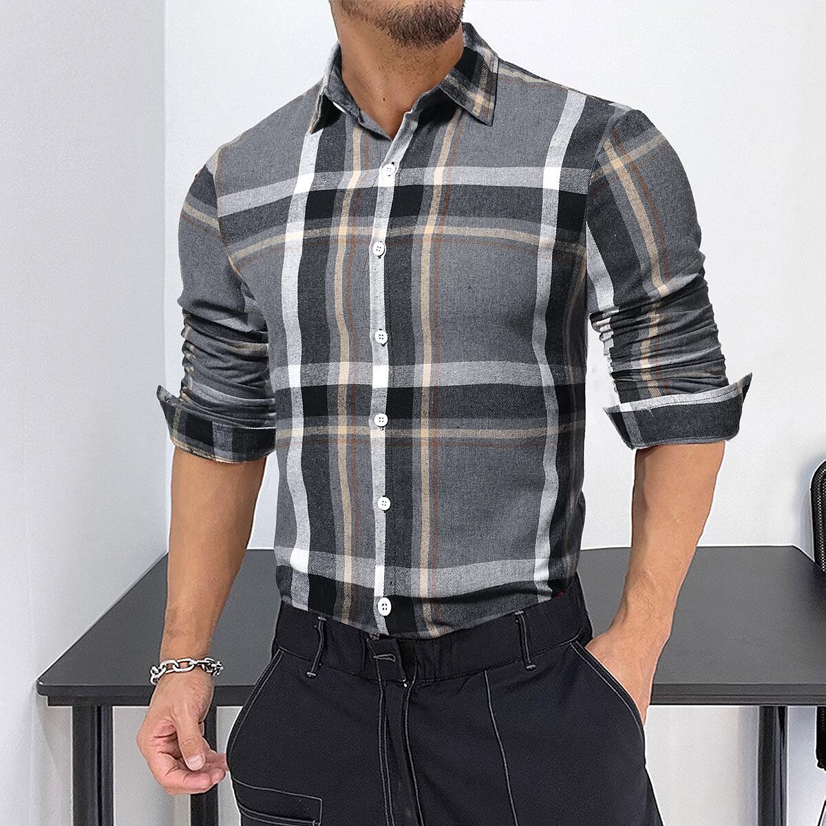 Men's Brushed Flannel Check Long Sleeve Shirt Simple Basic Casual-poisonstreetwear.com