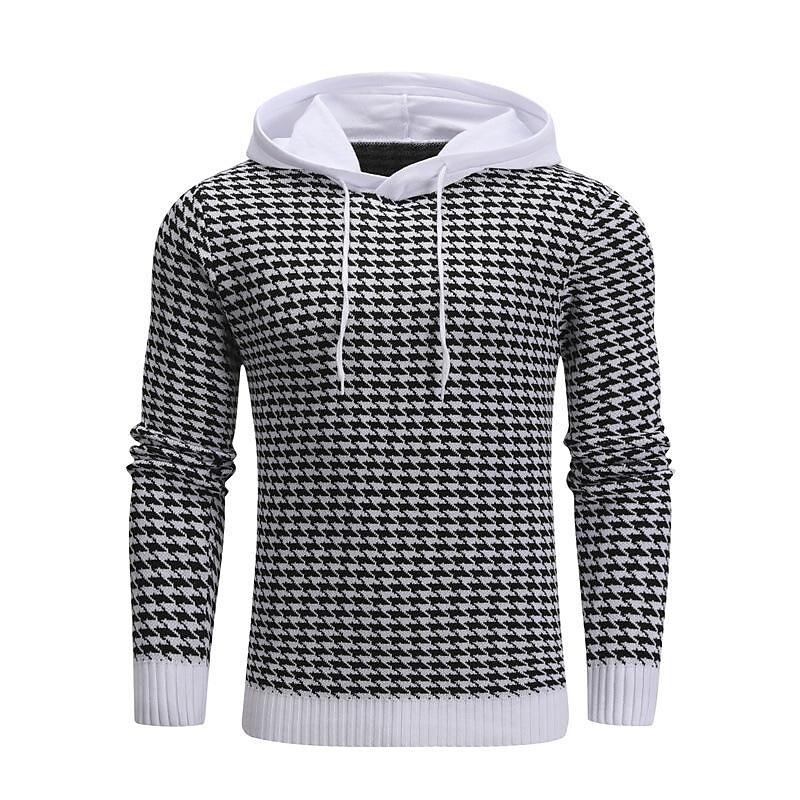 Men's Pullover Jacquard Houndstooth Hooded Sweater Basic Vintage Style-poisonstreetwear.com