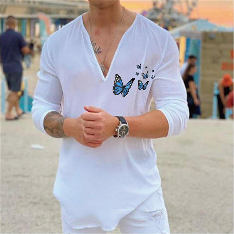 Men's Gruber Graphic Butterfly V Neck Half Placket Long Sleeve Shirt-poisonstreetwear.com
