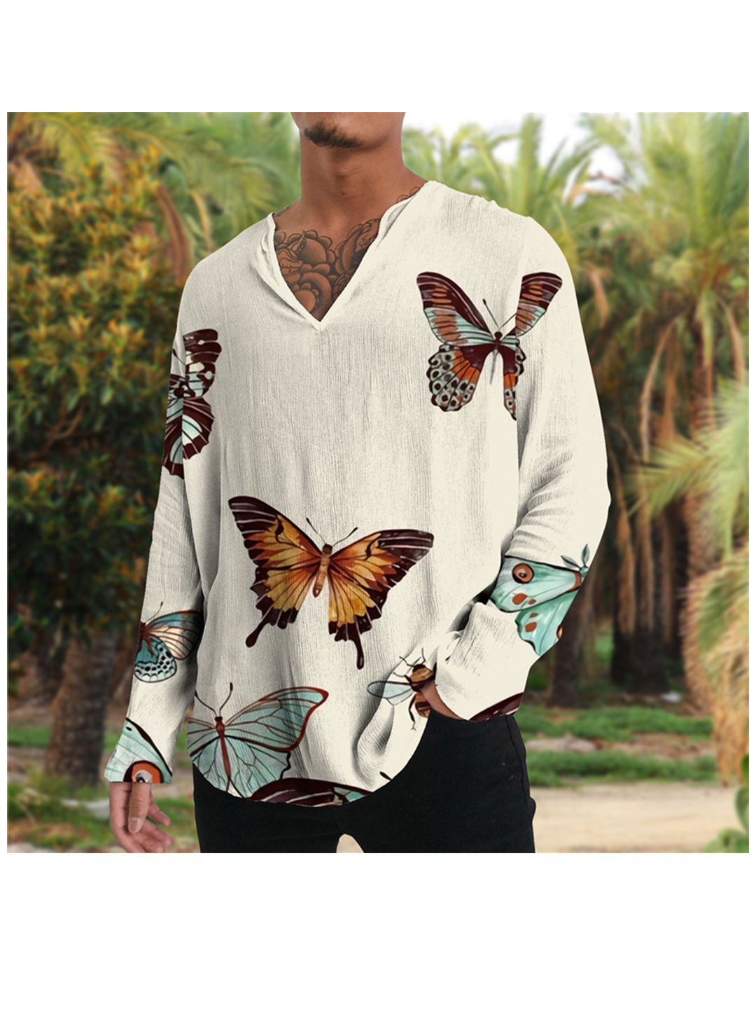 Men's Douglas Butterfly Animal V Neck Casual Long Sleeve Shirt-poisonstreetwear.com
