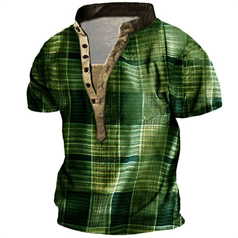 Men's 3D Print Graphic Tartan Stand Collar Button-Down Short Sleeve T-shirt-poisonstreetwear.com