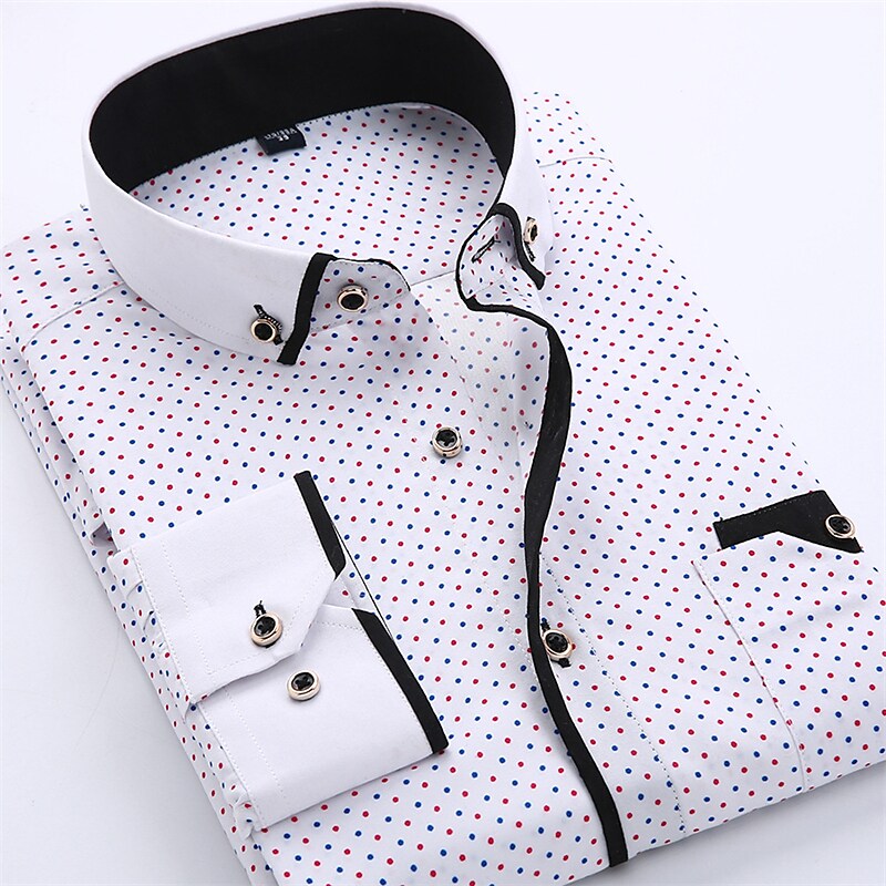 Men's Polka Dot Print Button-Down Patchwork Long Sleeve Shirt-poisonstreetwear.com
