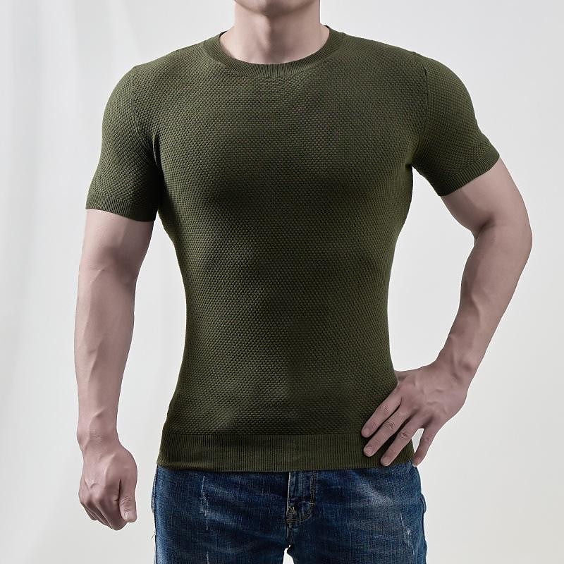 Men's Solid Textured Crew Neck Rib Knit Short Sleeve T-Shirt-poisonstreetwear.com
