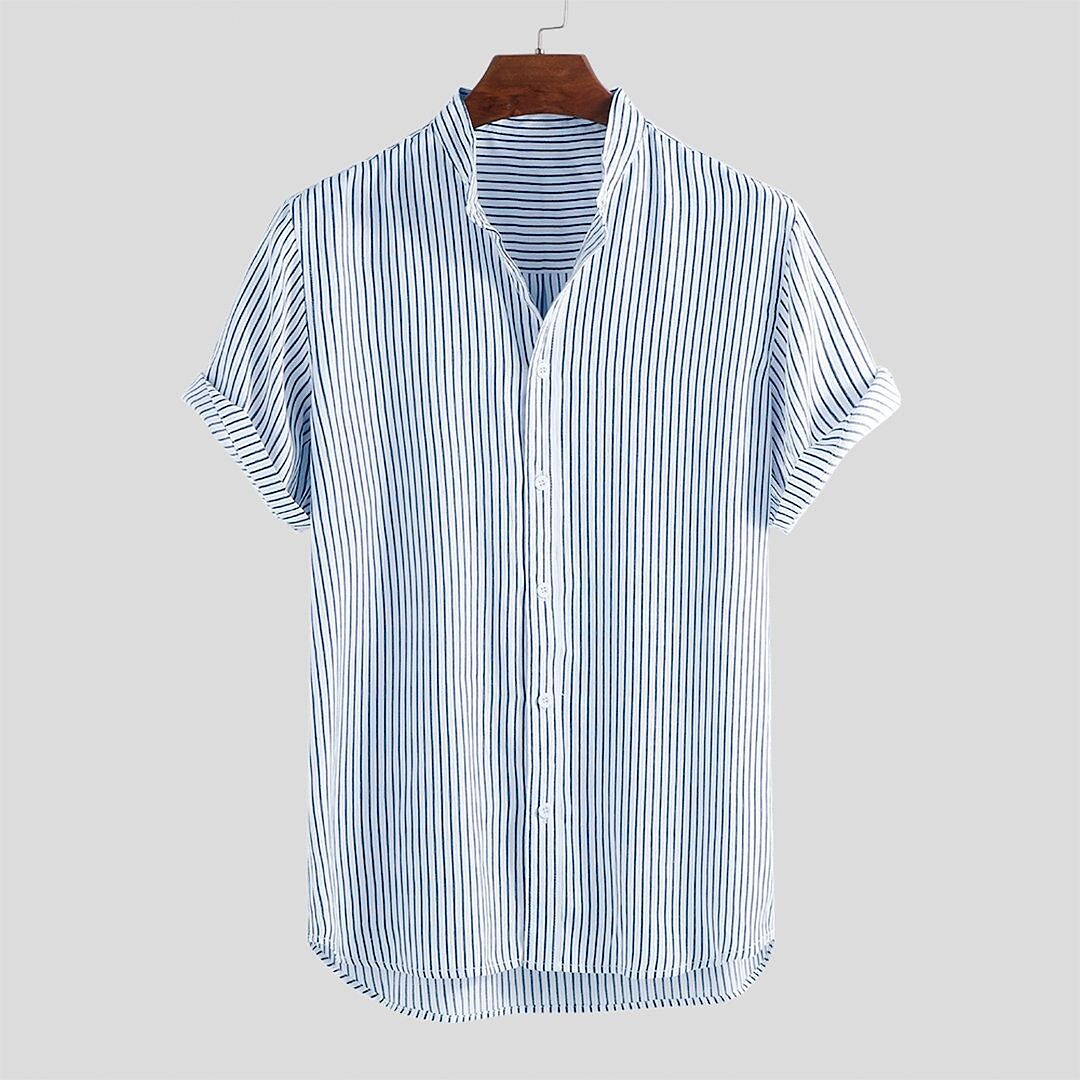Men's Stand Collar Striped Print Short Sleeves Shirt-poisonstreetwear.com