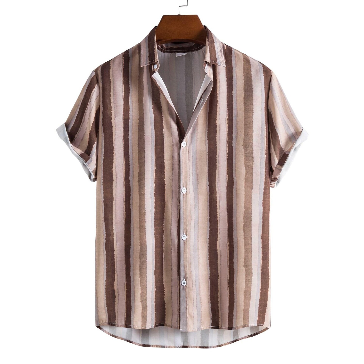 Men's Light Brown Striped Print Short Sleeve Shirt-poisonstreetwear.com