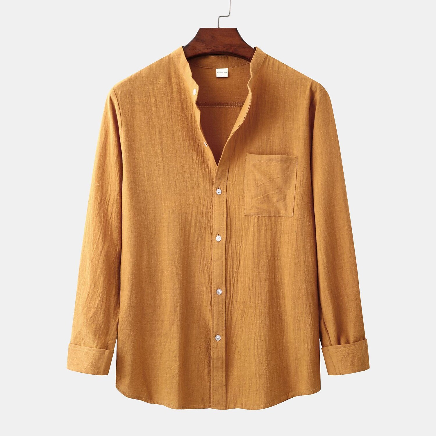 Men's Cotton And Linen Solid Color Stand Collar Long Sleeve Shirt-poisonstreetwear.com