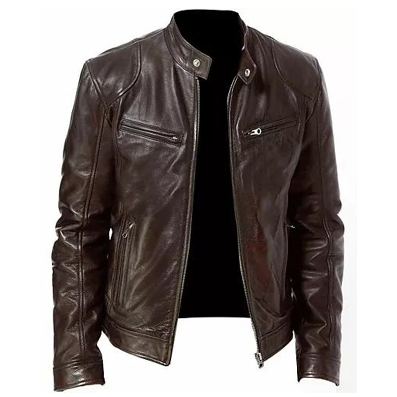 Men's Stand Collar Solid Color Faux Leather Biker Jacket-poisonstreetwear.com