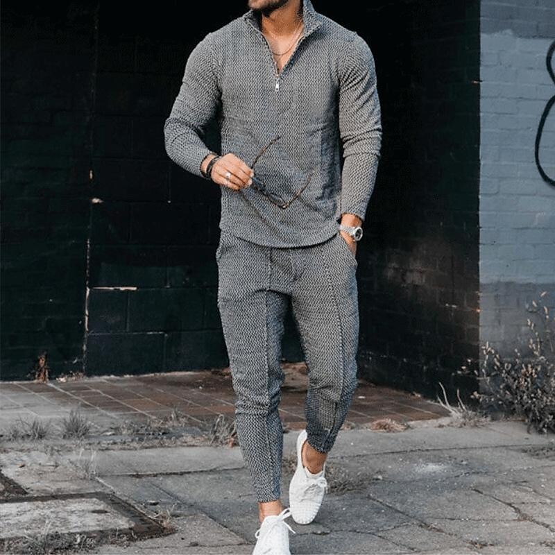 Men's Texture Long-sleeved Polo Two-piece Set-poisonstreetwear.com