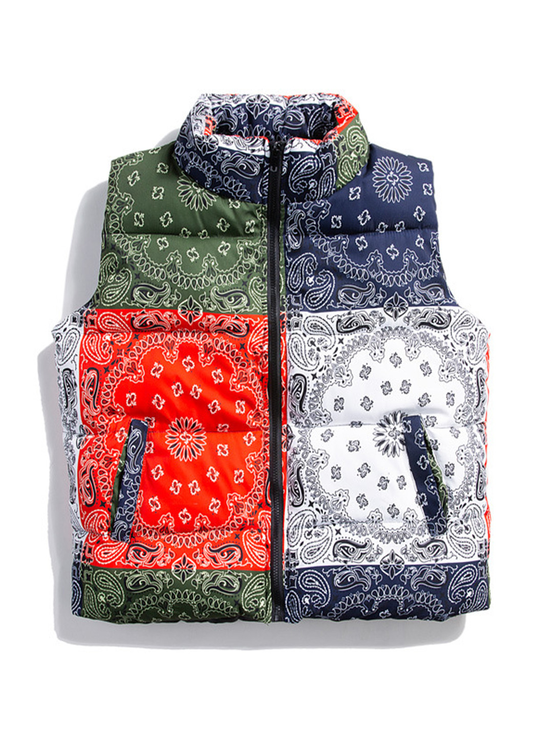 Men's Stand Collar Paisley Unfixed Printing Zip-up Padded Gilet-poisonstreetwear.com