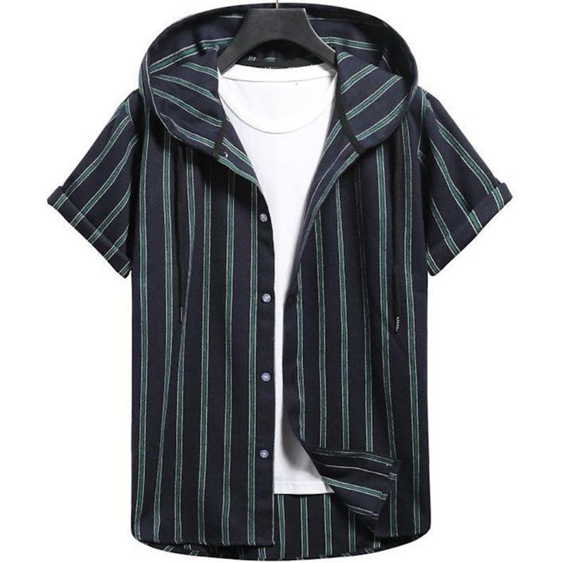 Men's Casual Hooded Striped Print Short-sleeved Shirt-poisonstreetwear.com
