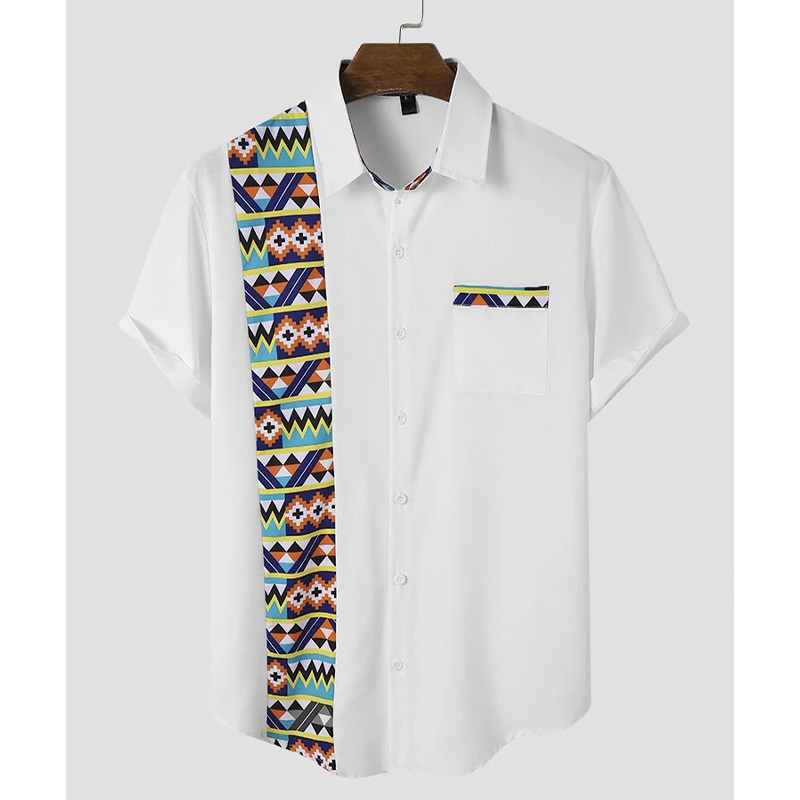 Mens Geometric Patchwork Single Pocket Buttons Shirts-poisonstreetwear.com